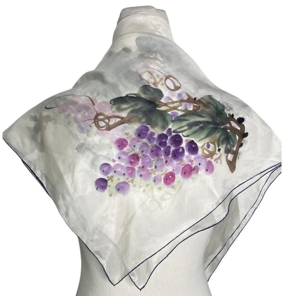 Vintage Silk Scarf Hand Rolled Painted Stunning Grape Print 30 X 30